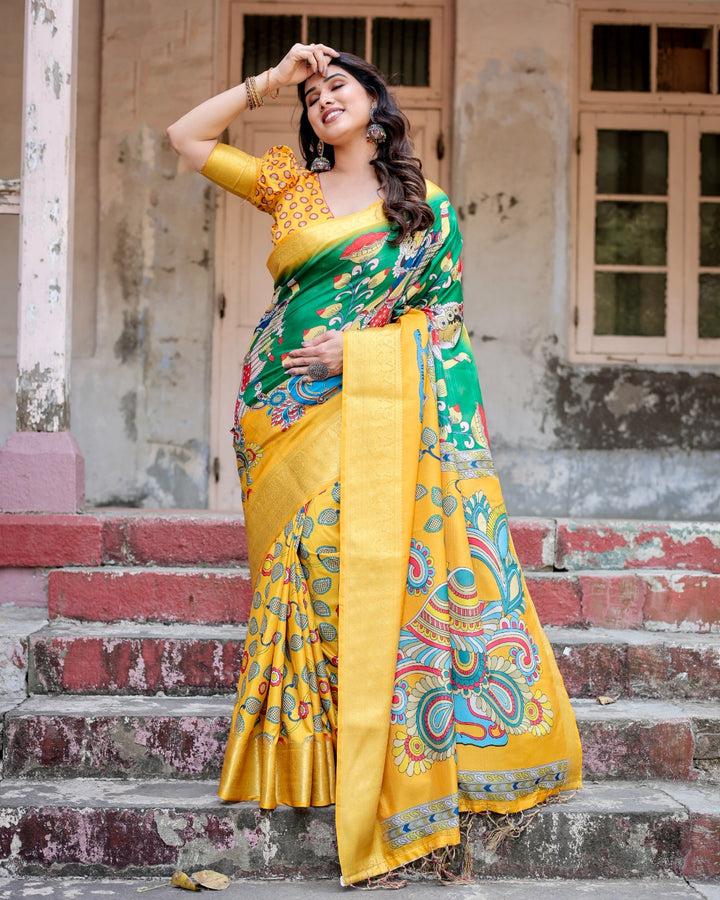 Mustard Yellow & Emerald Green Tussar Silk Saree with Kalamkari Peacock Print, Zari Border & Tassels