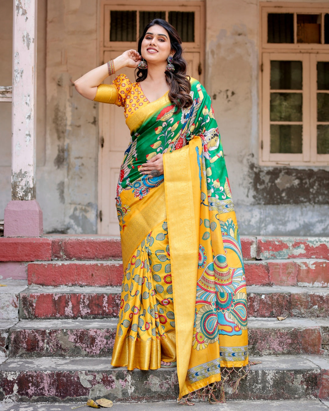 Mustard Yellow & Emerald Green Tussar Silk Saree with Kalamkari Peacock Print, Zari Border & Tassels
