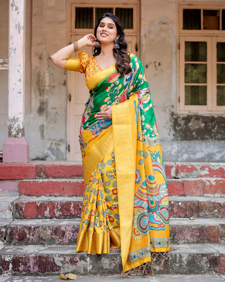 Mustard Yellow & Emerald Green Tussar Silk Saree with Kalamkari Peacock Print, Zari Border & Tassels