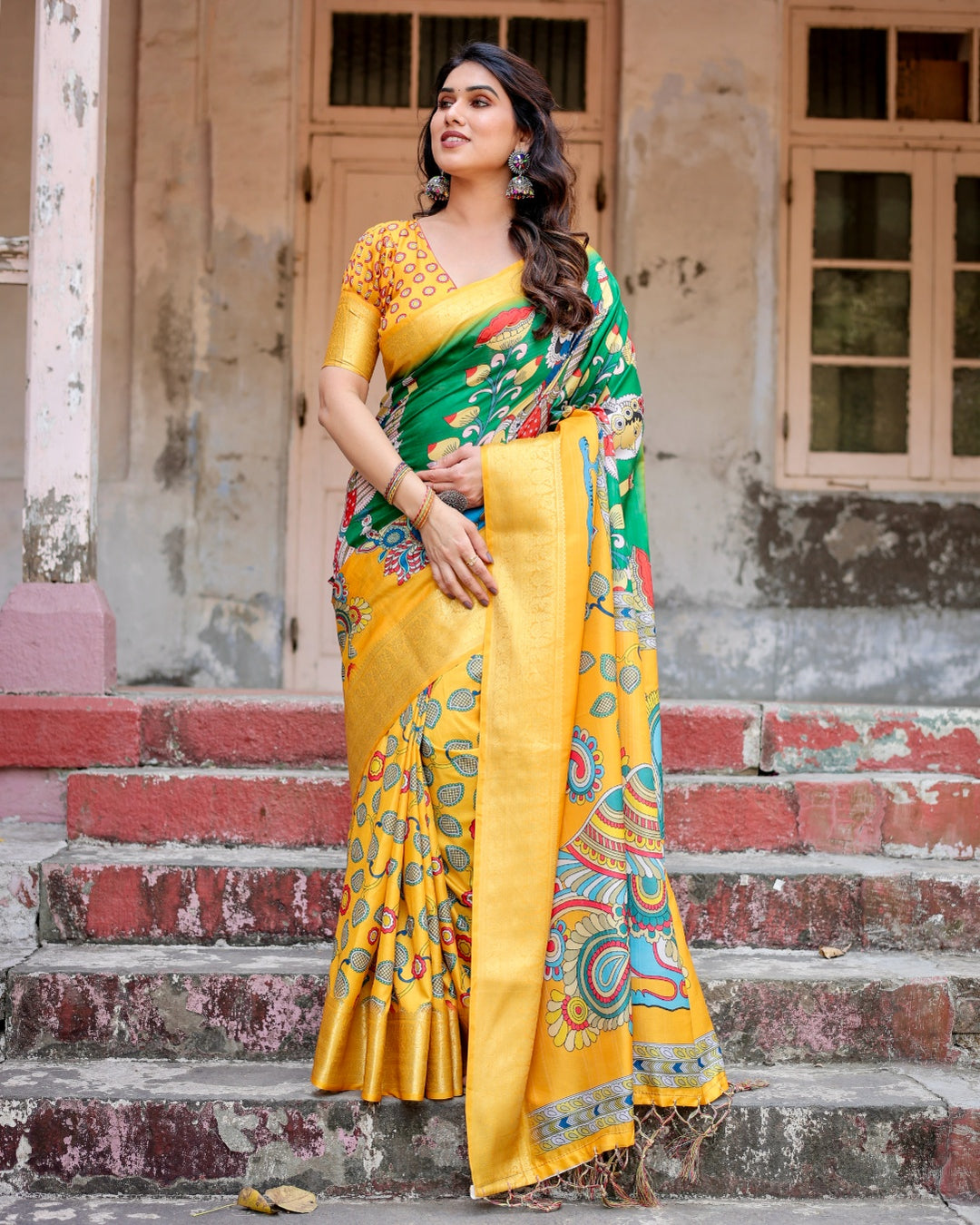 Mustard Yellow & Emerald Green Tussar Silk Saree with Kalamkari Peacock Print, Zari Border & Tassels