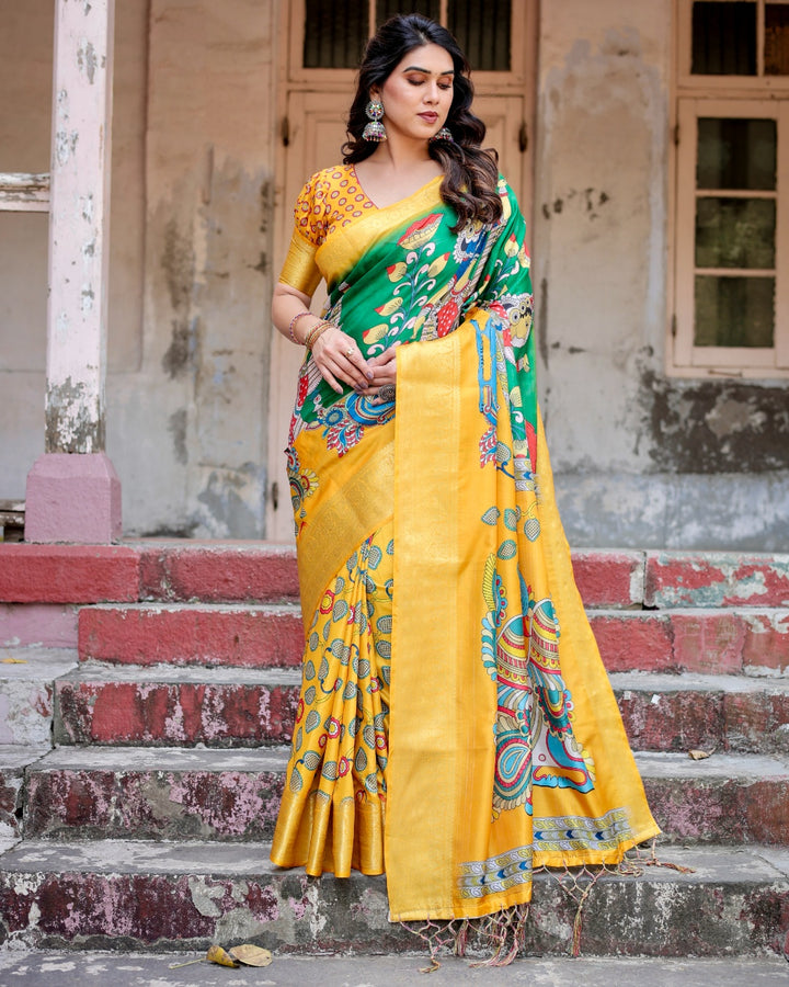 Mustard Yellow & Emerald Green Tussar Silk Saree with Kalamkari Peacock Print, Zari Border & Tassels