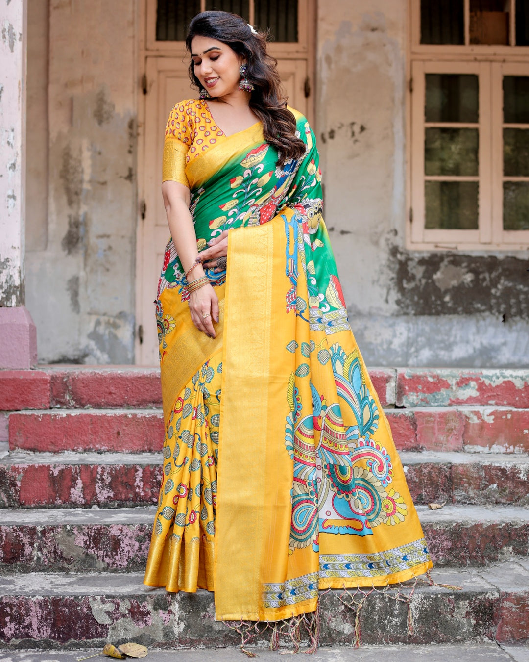 Mustard Yellow & Emerald Green Tussar Silk Saree with Kalamkari Peacock Print, Zari Border & Tassels