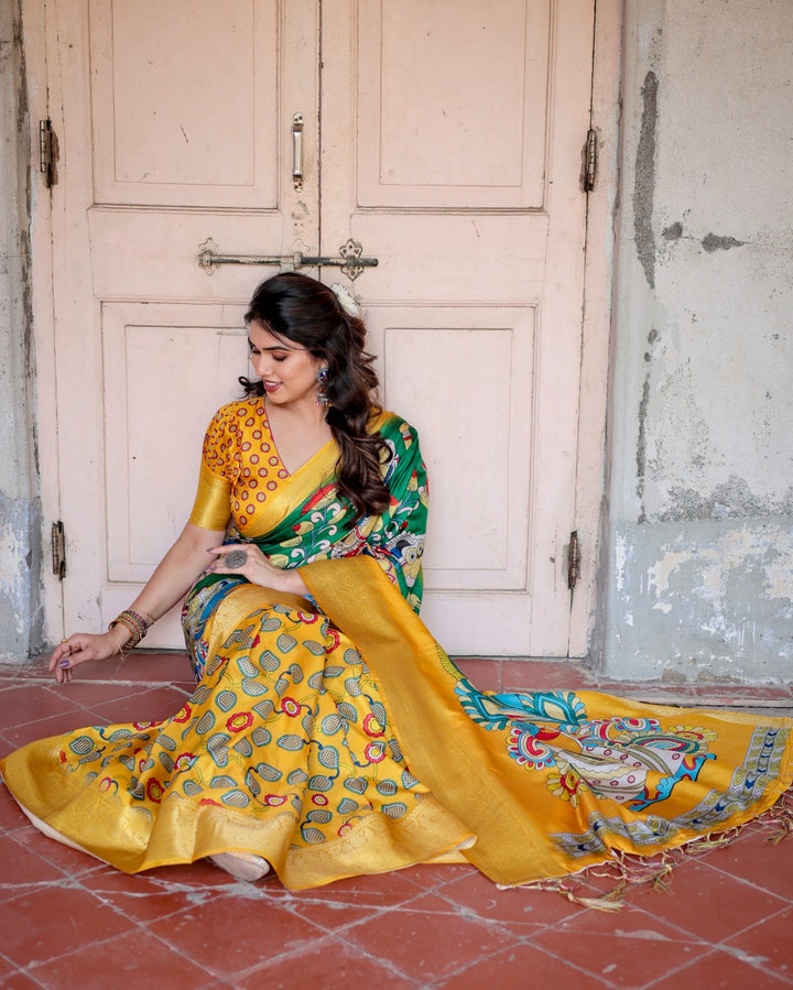 Mustard Yellow & Emerald Green Tussar Silk Saree with Kalamkari Peacock Print, Zari Border & Tassels