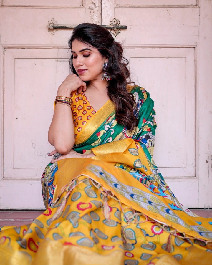 Mustard Yellow & Emerald Green Tussar Silk Saree with Kalamkari Peacock Print, Zari Border & Tassels