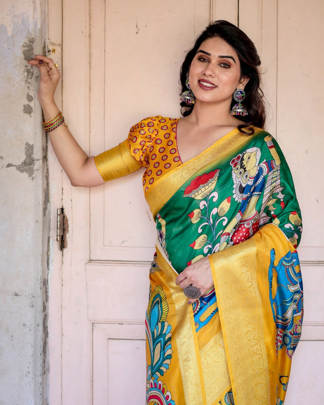 Mustard Yellow & Emerald Green Tussar Silk Saree with Kalamkari Peacock Print, Zari Border & Tassels