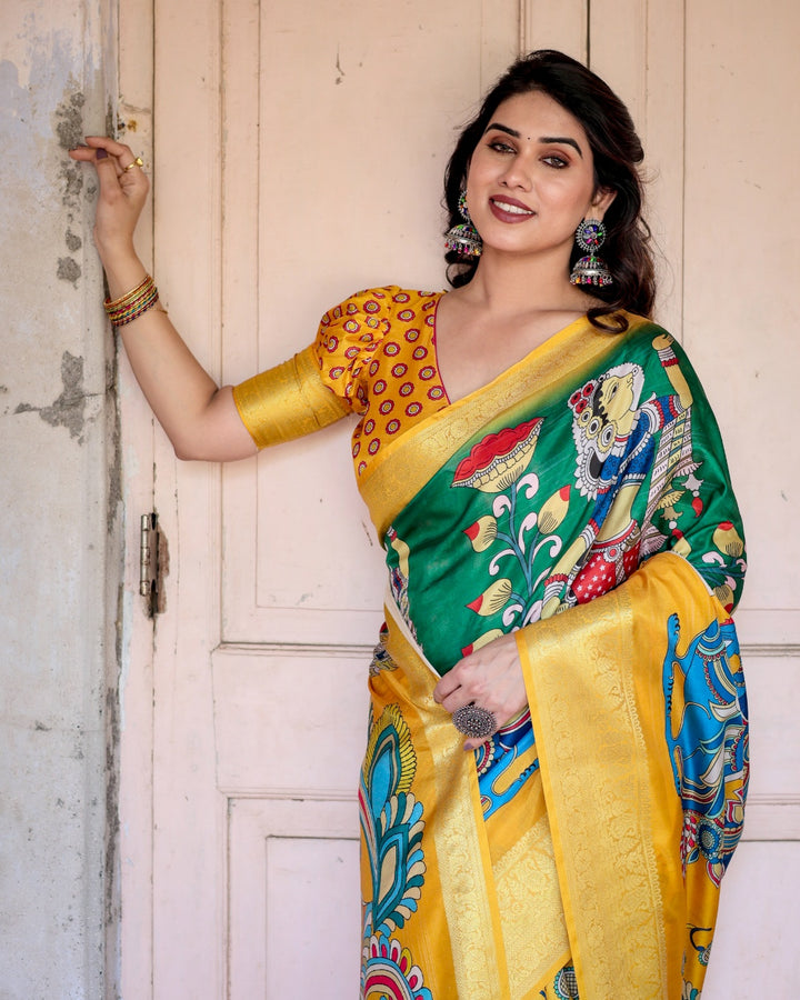 Mustard Yellow & Emerald Green Tussar Silk Saree with Kalamkari Peacock Print, Zari Border & Tassels