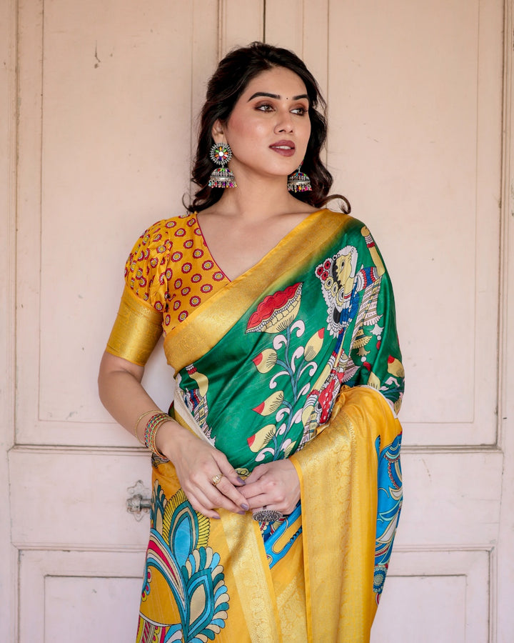 Mustard Yellow & Emerald Green Tussar Silk Saree with Kalamkari Peacock Print, Zari Border & Tassels