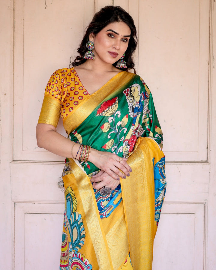 Mustard Yellow & Emerald Green Tussar Silk Saree with Kalamkari Peacock Print, Zari Border & Tassels