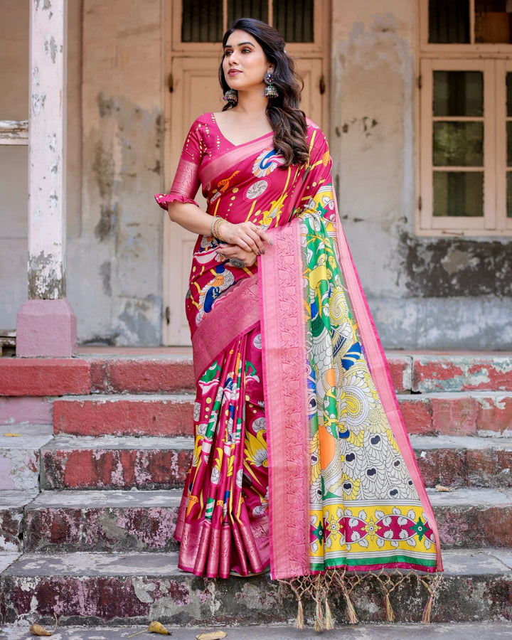 Rani Pink Tussar Silk Saree with Kalamkari Peacock Print, Zari Woven Border & Tassels