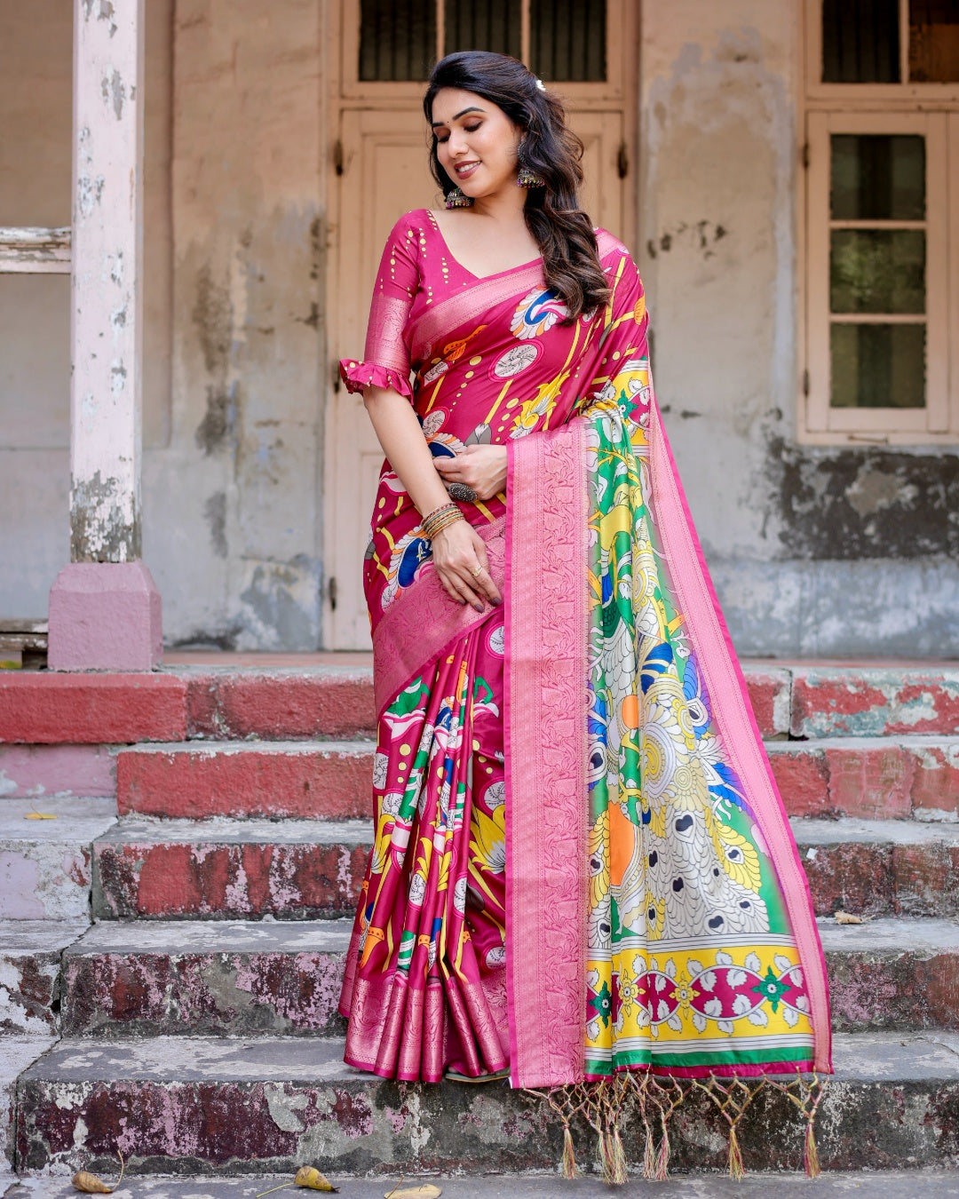 Rani Pink Tussar Silk Saree with Kalamkari Peacock Print, Zari Woven Border & Tassels