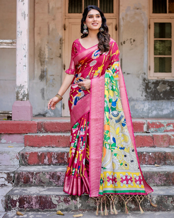 Rani Pink Tussar Silk Saree with Kalamkari Peacock Print, Zari Woven Border & Tassels
