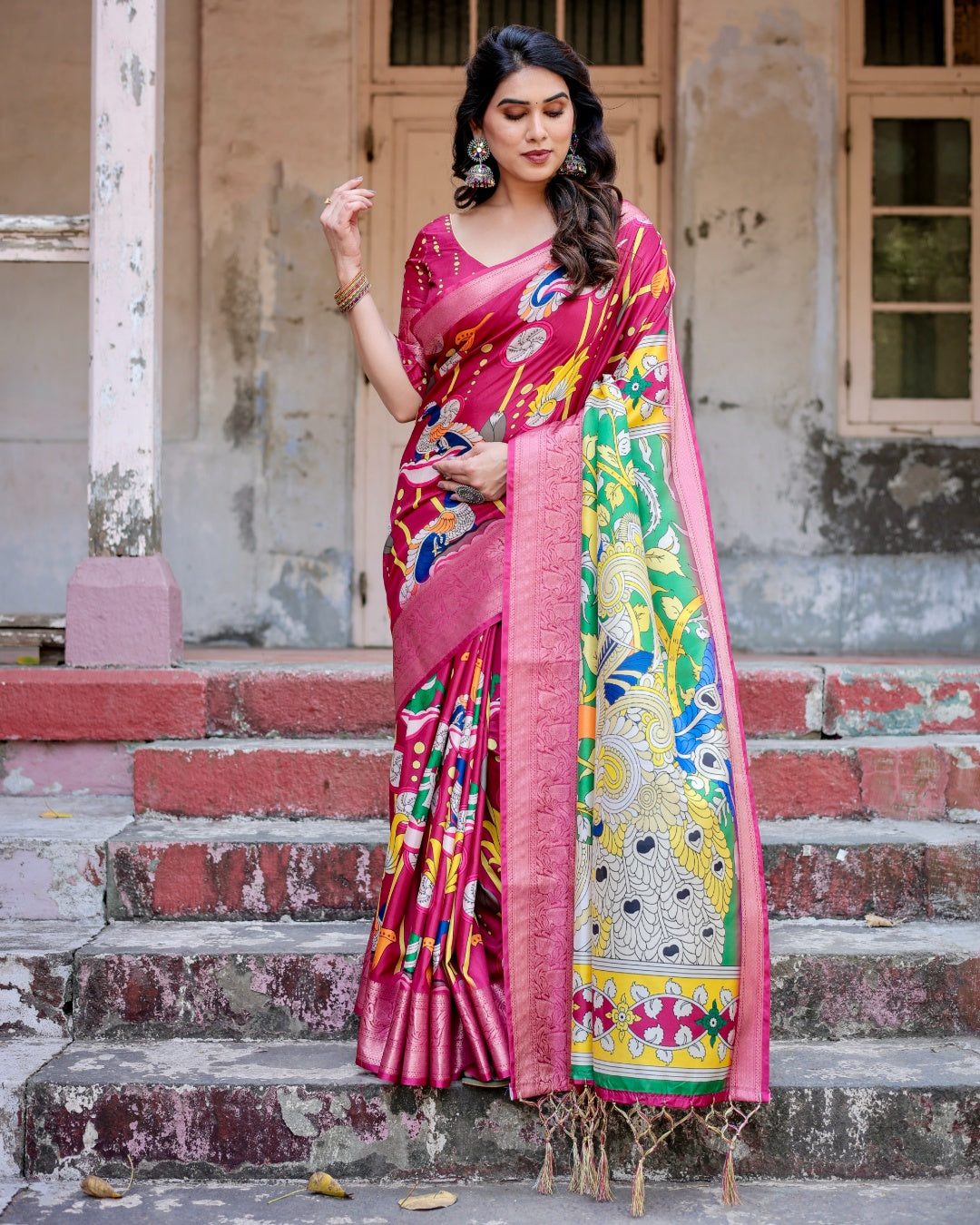 Rani Pink Tussar Silk Saree with Kalamkari Peacock Print, Zari Woven Border & Tassels