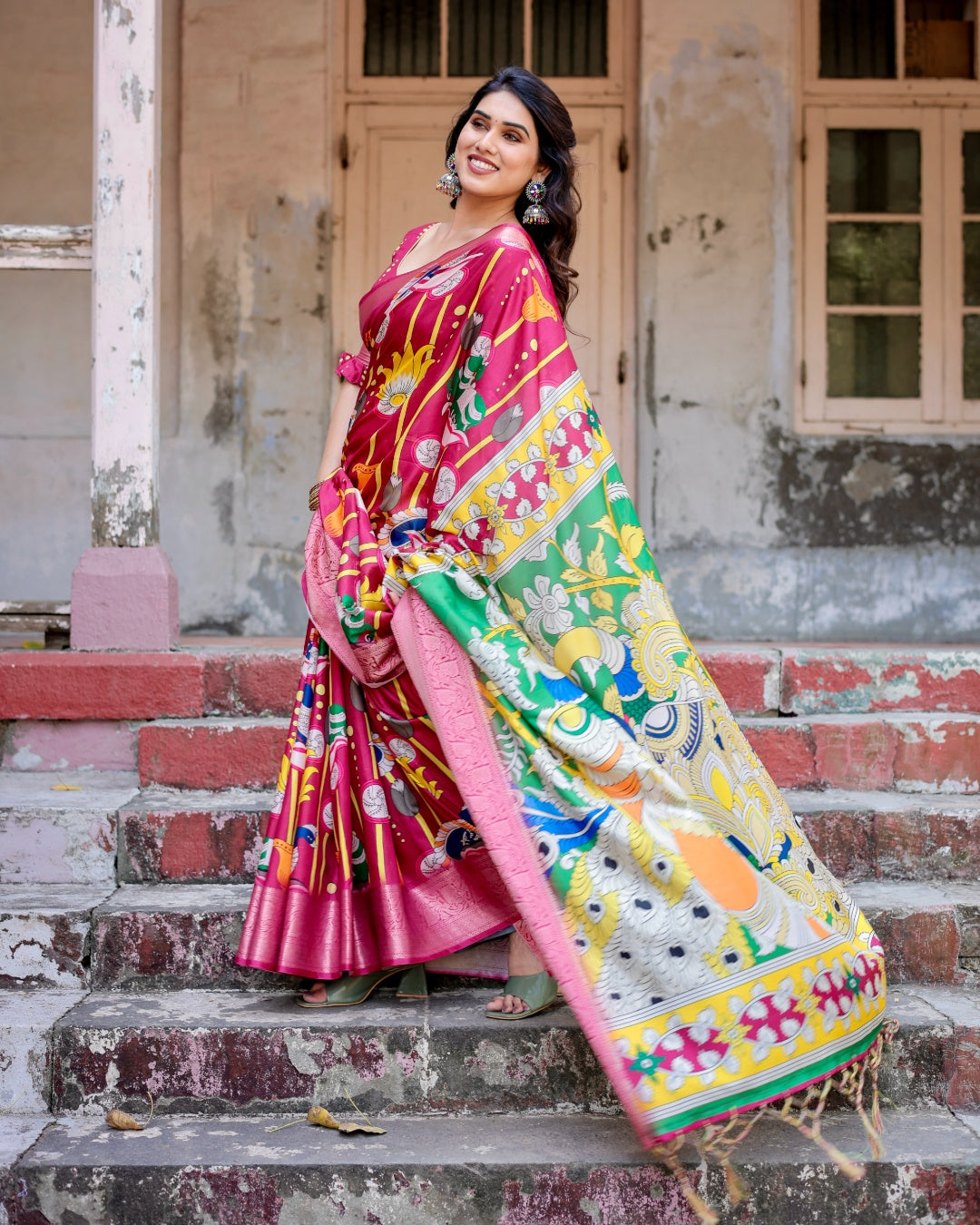 Rani Pink Tussar Silk Saree with Kalamkari Peacock Print, Zari Woven Border & Tassels