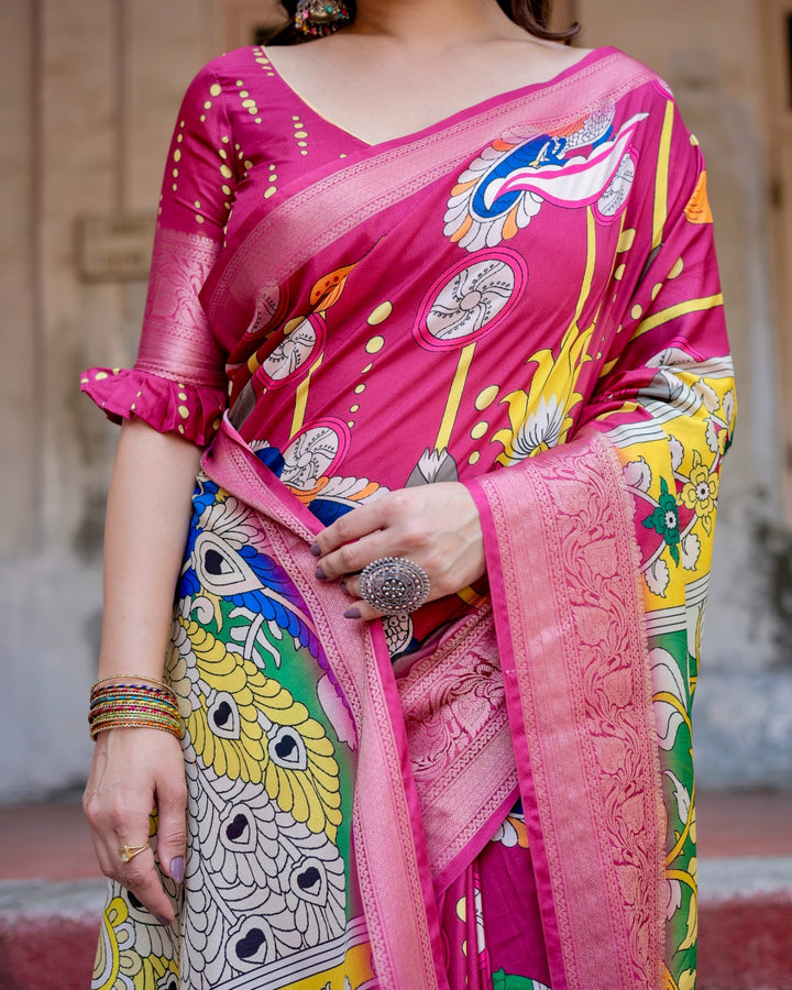 Rani Pink Tussar Silk Saree with Kalamkari Peacock Print, Zari Woven Border & Tassels