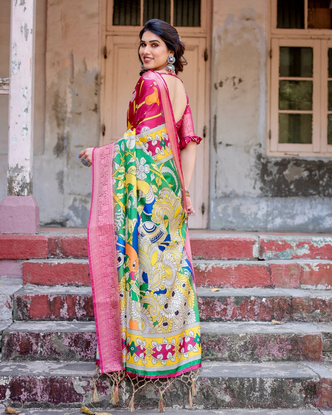 Rani Pink Tussar Silk Saree with Kalamkari Peacock Print, Zari Woven Border & Tassels