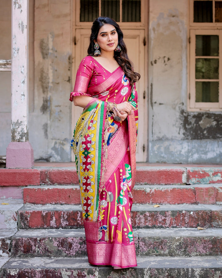 Rani Pink Tussar Silk Saree with Kalamkari Peacock Print, Zari Woven Border & Tassels