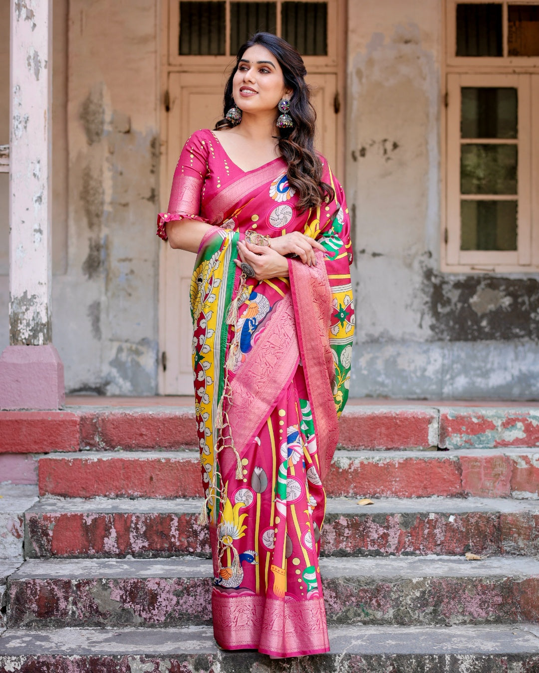 Rani Pink Tussar Silk Saree with Kalamkari Peacock Print, Zari Woven Border & Tassels