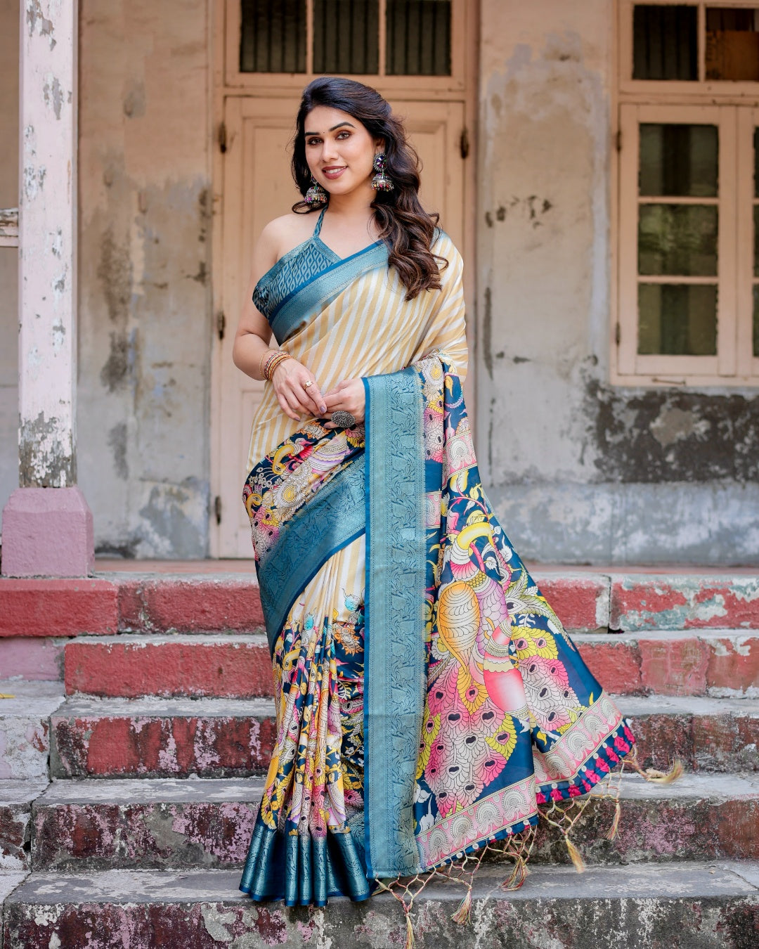 Ivory & Teal Blue Tussar Silk Saree with Striped Design, Kalamkari Peacock Pallu, Zari Border & Tassels