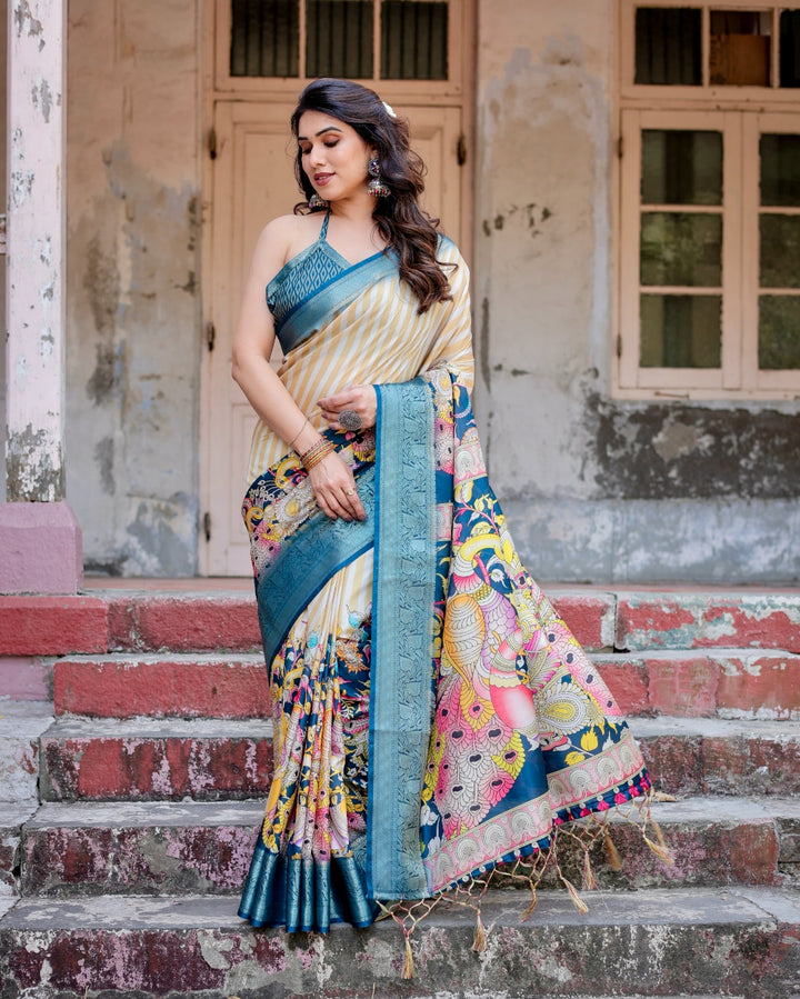 Ivory & Teal Blue Tussar Silk Saree with Striped Design, Kalamkari Peacock Pallu, Zari Border & Tassels