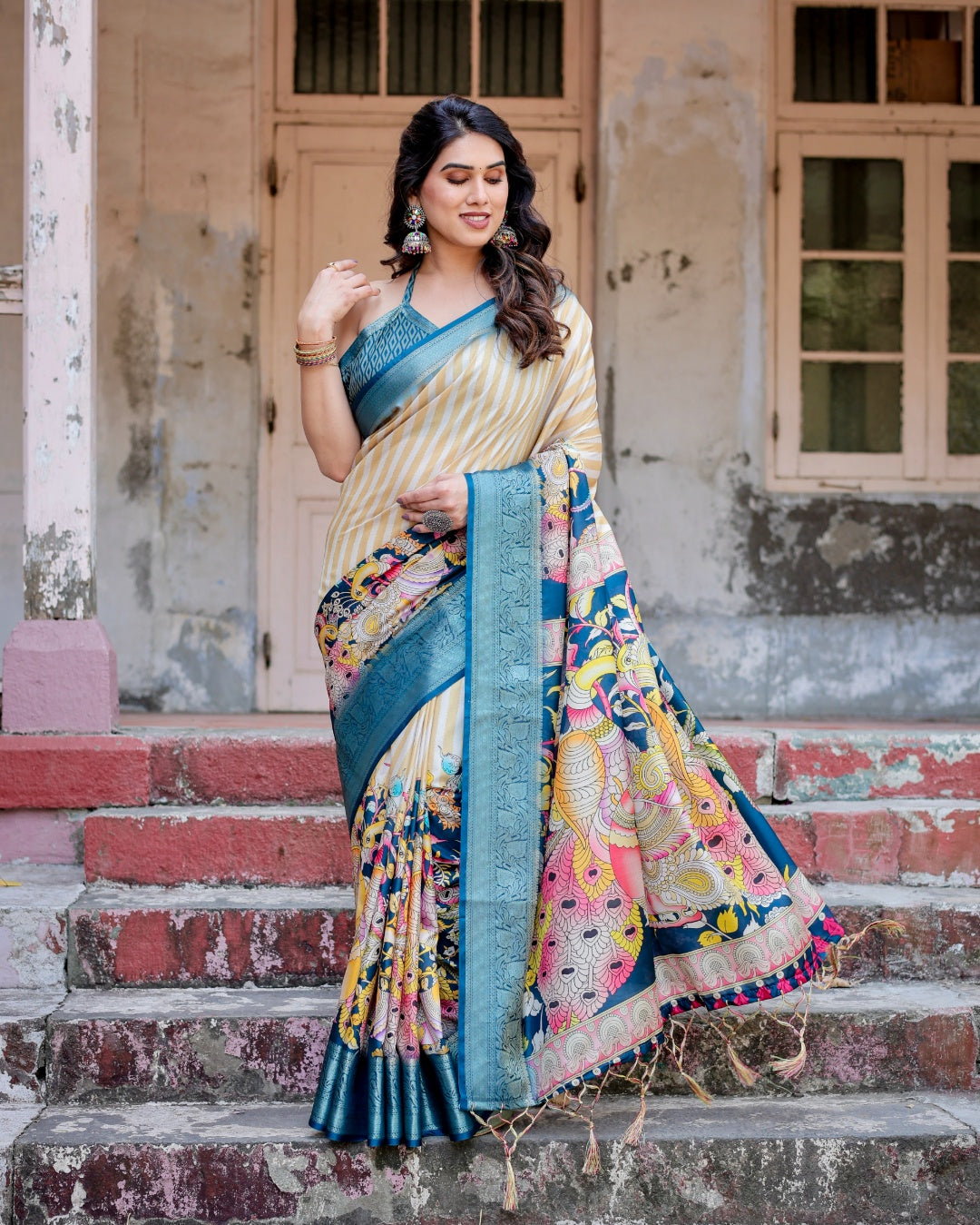 Ivory & Teal Blue Tussar Silk Saree with Striped Design, Kalamkari Peacock Pallu, Zari Border & Tassels