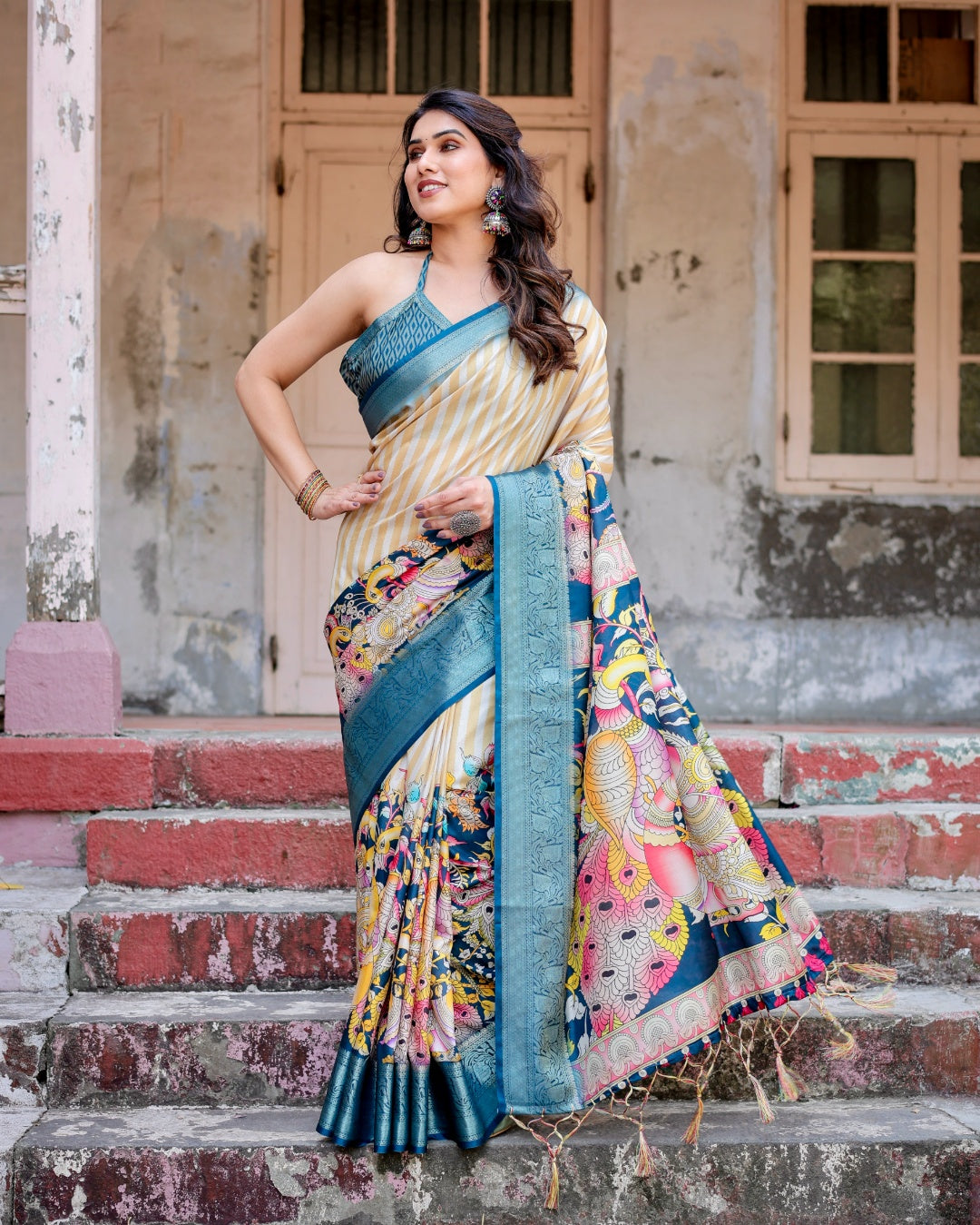 Ivory & Teal Blue Tussar Silk Saree with Striped Design, Kalamkari Peacock Pallu, Zari Border & Tassels