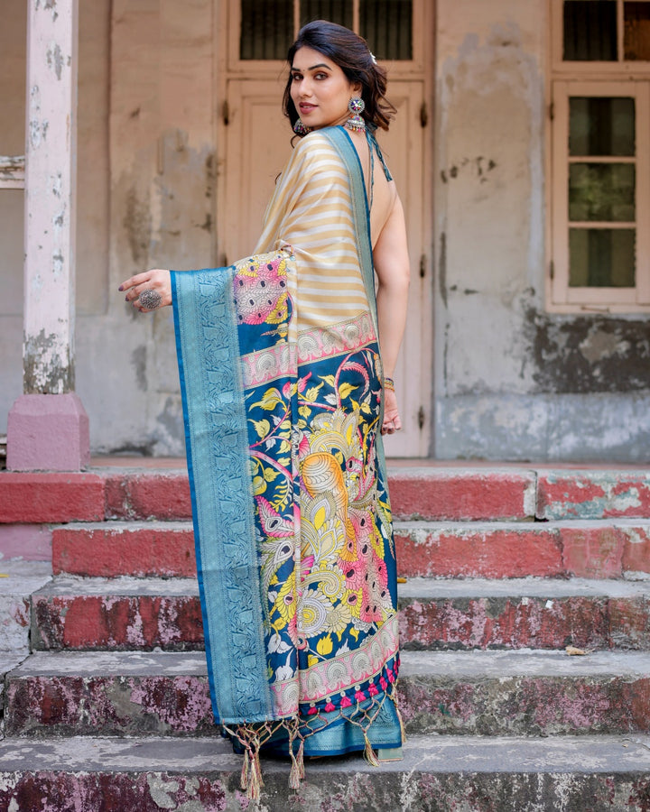 Ivory & Teal Blue Tussar Silk Saree with Striped Design, Kalamkari Peacock Pallu, Zari Border & Tassels