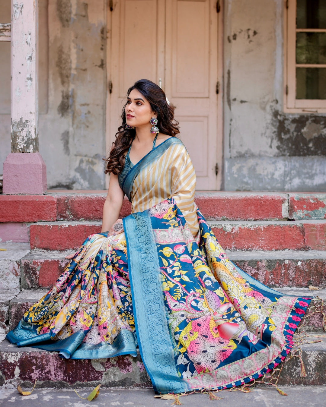 Ivory & Teal Blue Tussar Silk Saree with Striped Design, Kalamkari Peacock Pallu, Zari Border & Tassels