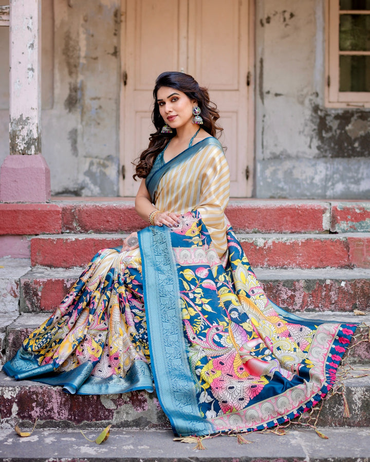Ivory & Teal Blue Tussar Silk Saree with Striped Design, Kalamkari Peacock Pallu, Zari Border & Tassels