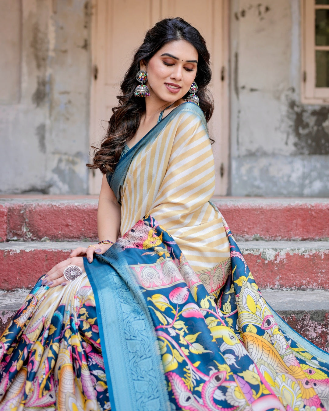 Ivory & Teal Blue Tussar Silk Saree with Striped Design, Kalamkari Peacock Pallu, Zari Border & Tassels