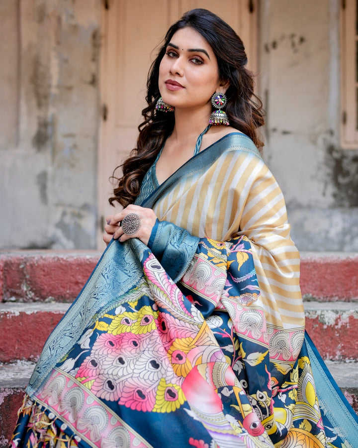 Ivory & Teal Blue Tussar Silk Saree with Striped Design, Kalamkari Peacock Pallu, Zari Border & Tassels