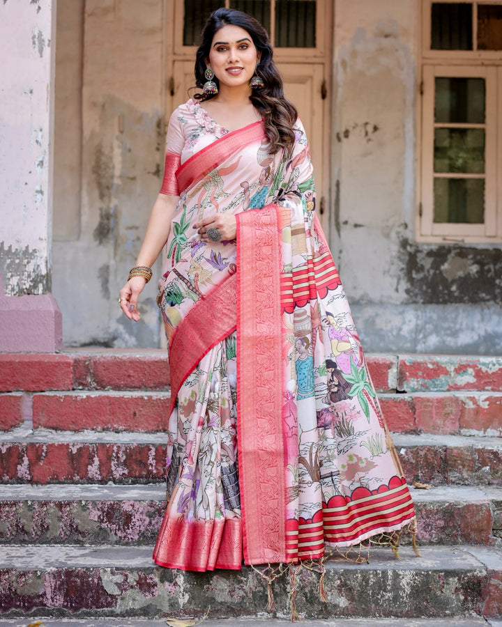 Blush Pink Tussar Silk Saree with Traditional Figurative Print, Coral Zari Border & Tassels