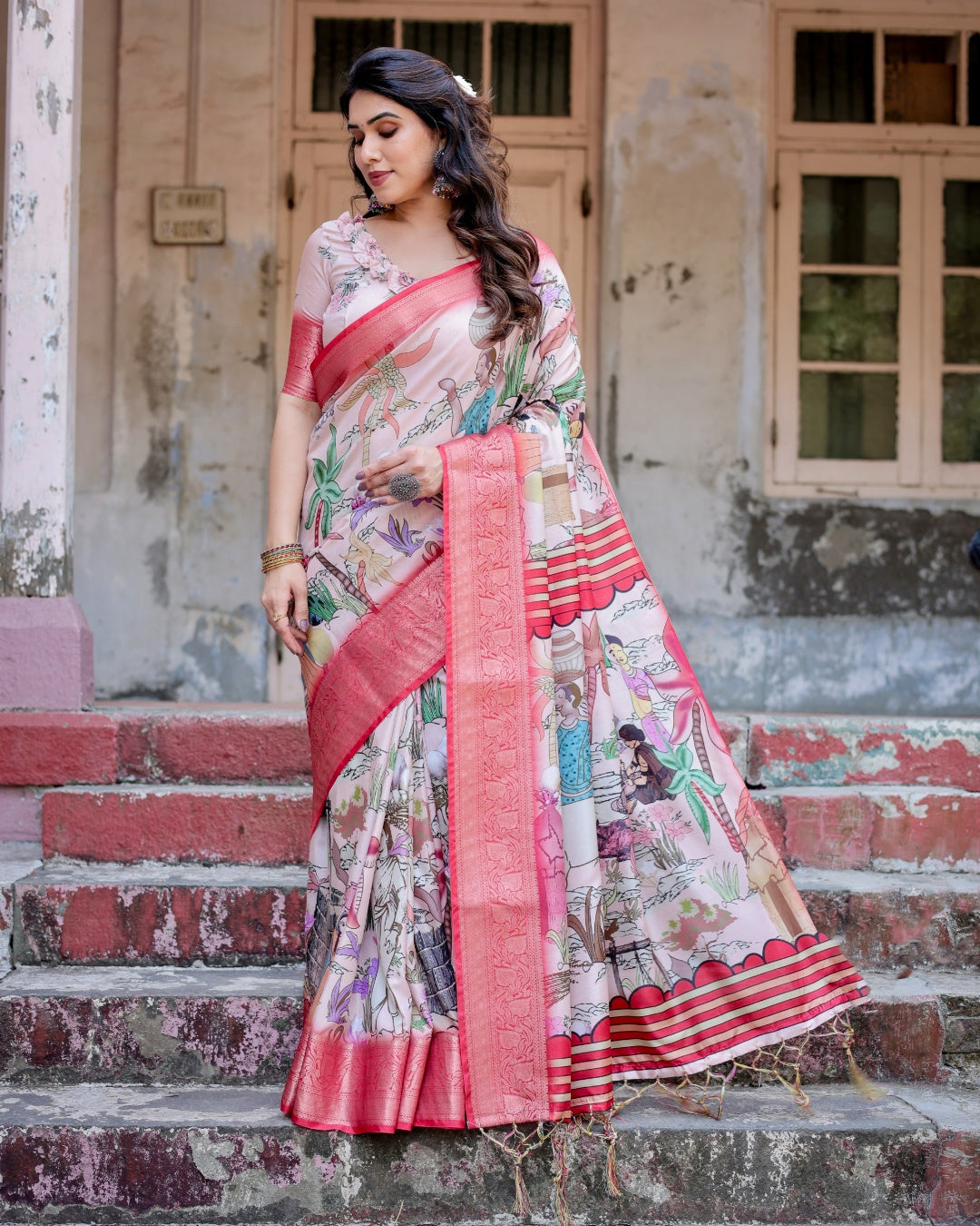 Blush Pink Tussar Silk Saree with Traditional Figurative Print, Coral Zari Border & Tassels