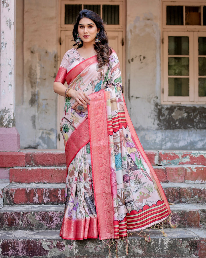Blush Pink Tussar Silk Saree with Traditional Figurative Print, Coral Zari Border & Tassels