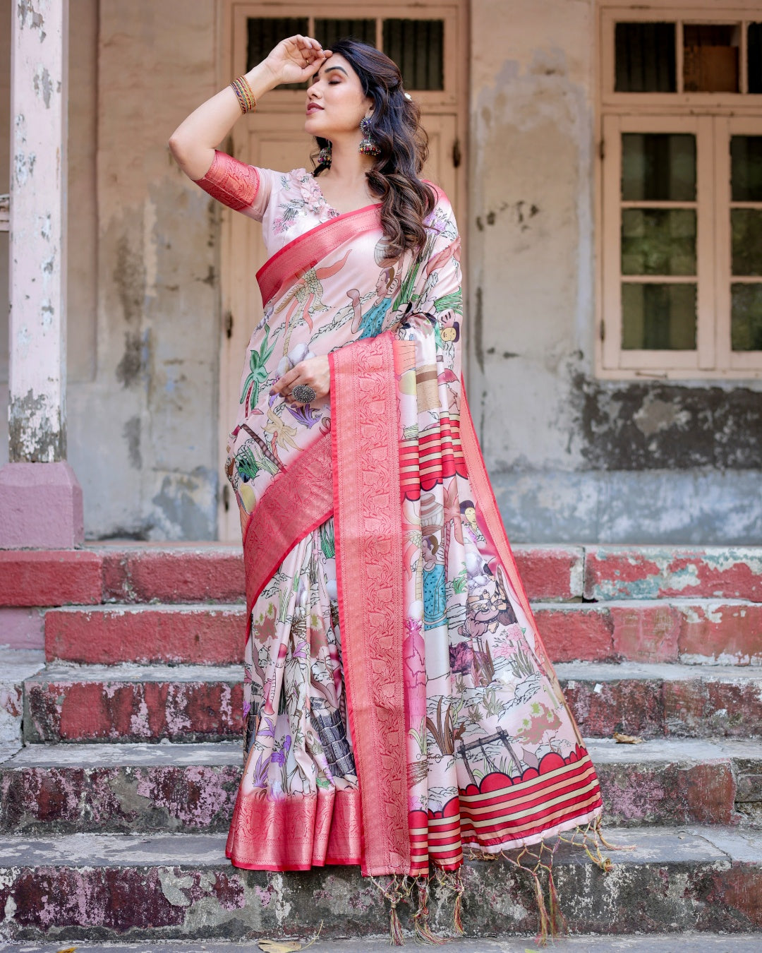 Blush Pink Tussar Silk Saree with Traditional Figurative Print, Coral Zari Border & Tassels