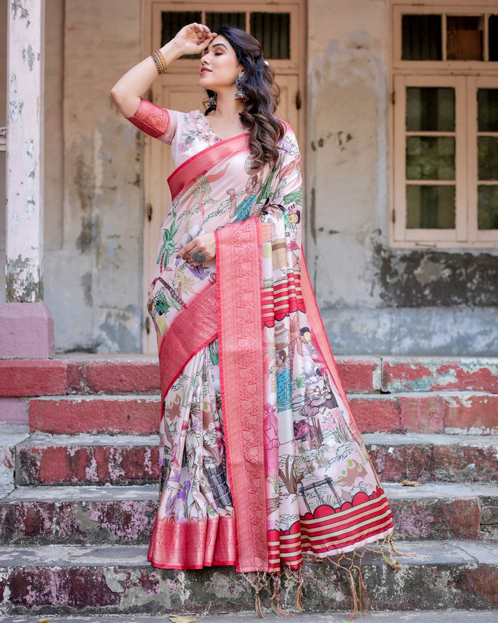 Blush Pink Tussar Silk Saree with Traditional Figurative Print, Coral Zari Border & Tassels