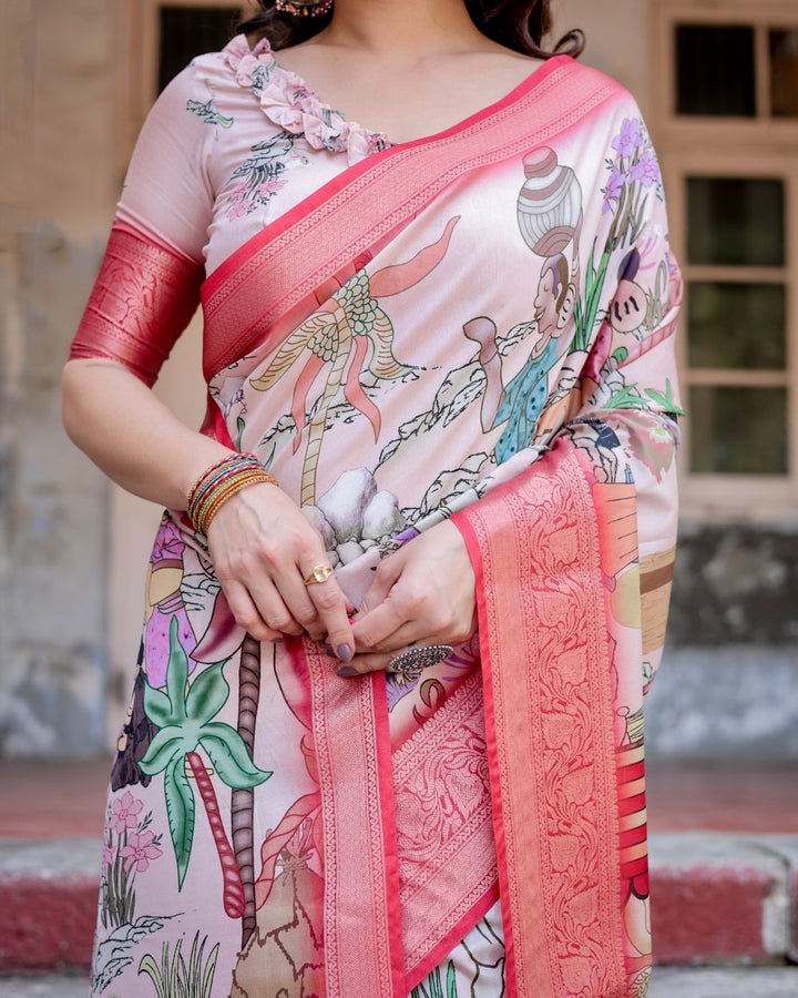 Blush Pink Tussar Silk Saree with Traditional Figurative Print, Coral Zari Border & Tassels