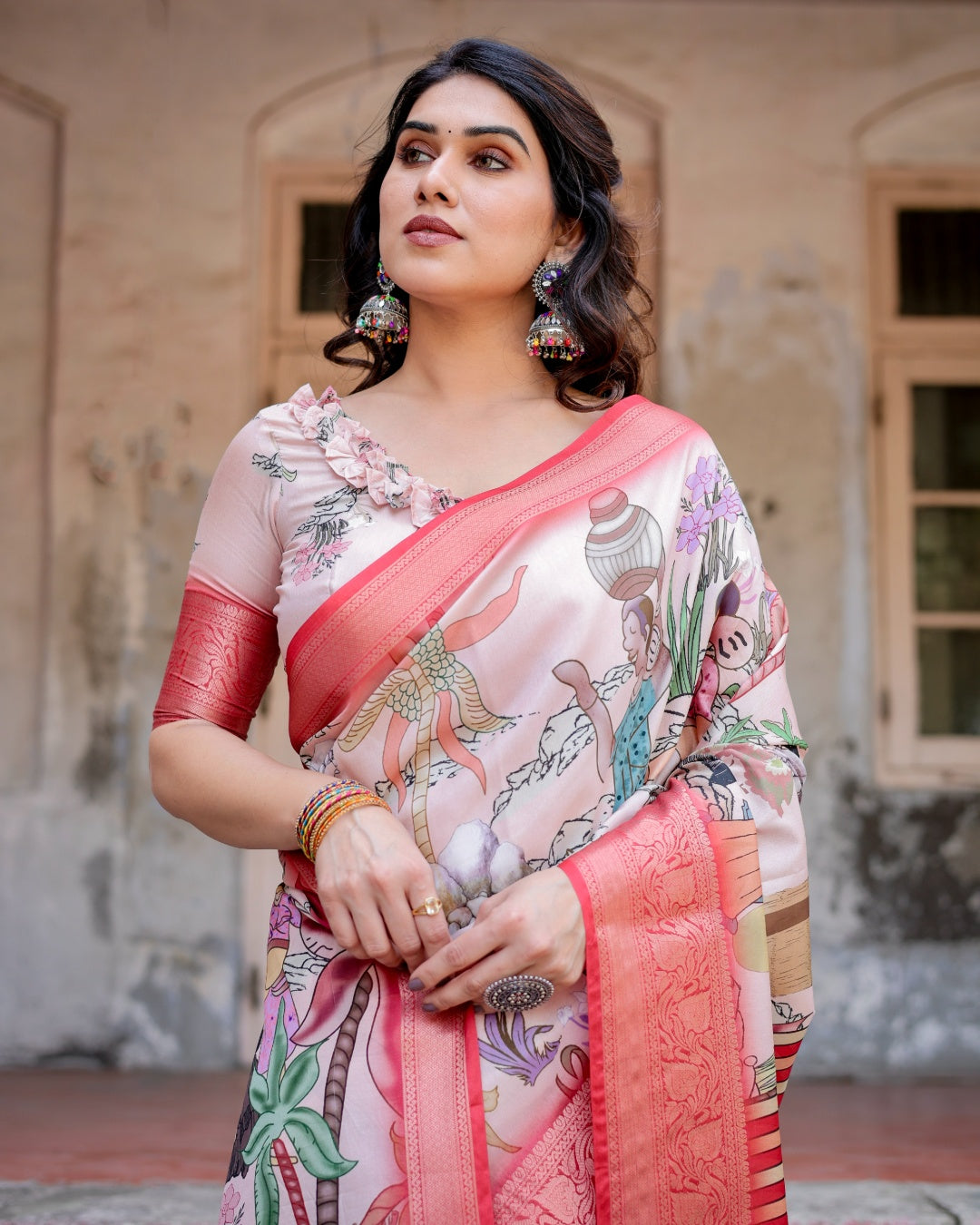 Blush Pink Tussar Silk Saree with Traditional Figurative Print, Coral Zari Border & Tassels