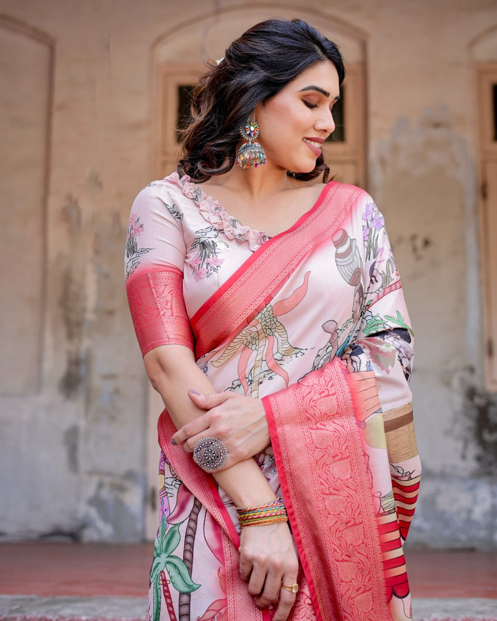 Blush Pink Tussar Silk Saree with Traditional Figurative Print, Coral Zari Border & Tassels