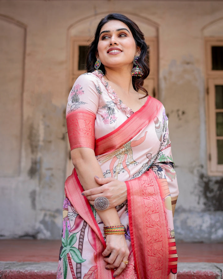 Blush Pink Tussar Silk Saree with Traditional Figurative Print, Coral Zari Border & Tassels