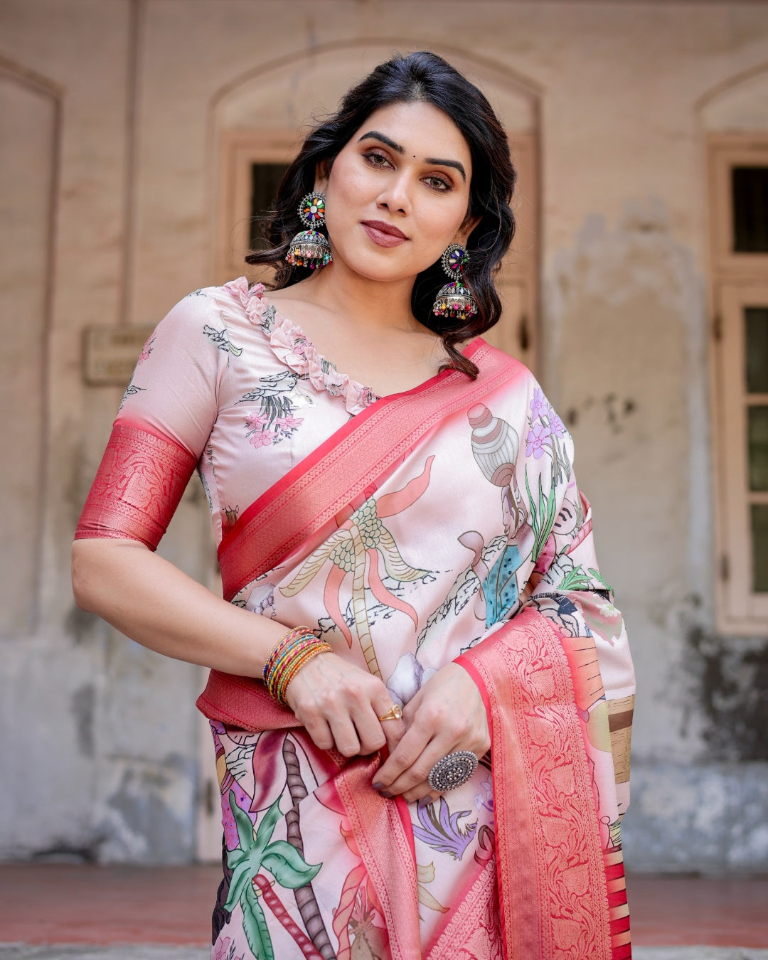Blush Pink Tussar Silk Saree with Traditional Figurative Print, Coral Zari Border & Tassels