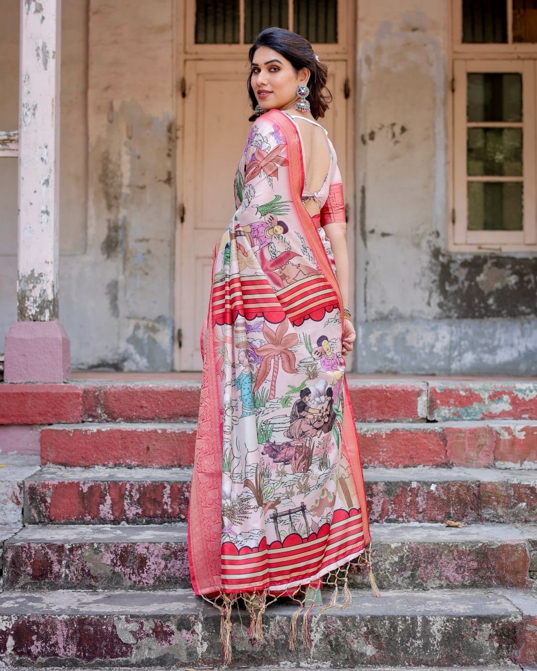 Blush Pink Tussar Silk Saree with Traditional Figurative Print, Coral Zari Border & Tassels