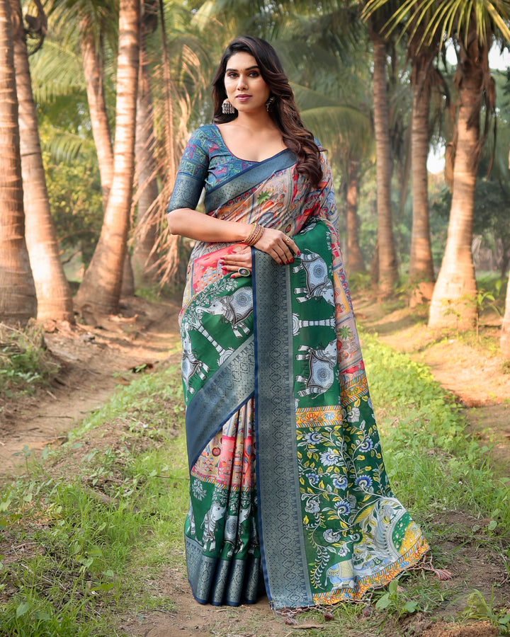 Emerald Green Tussar Silk Saree with Heritage Digital Print, Woven Border, Tassels & Attached Blouse