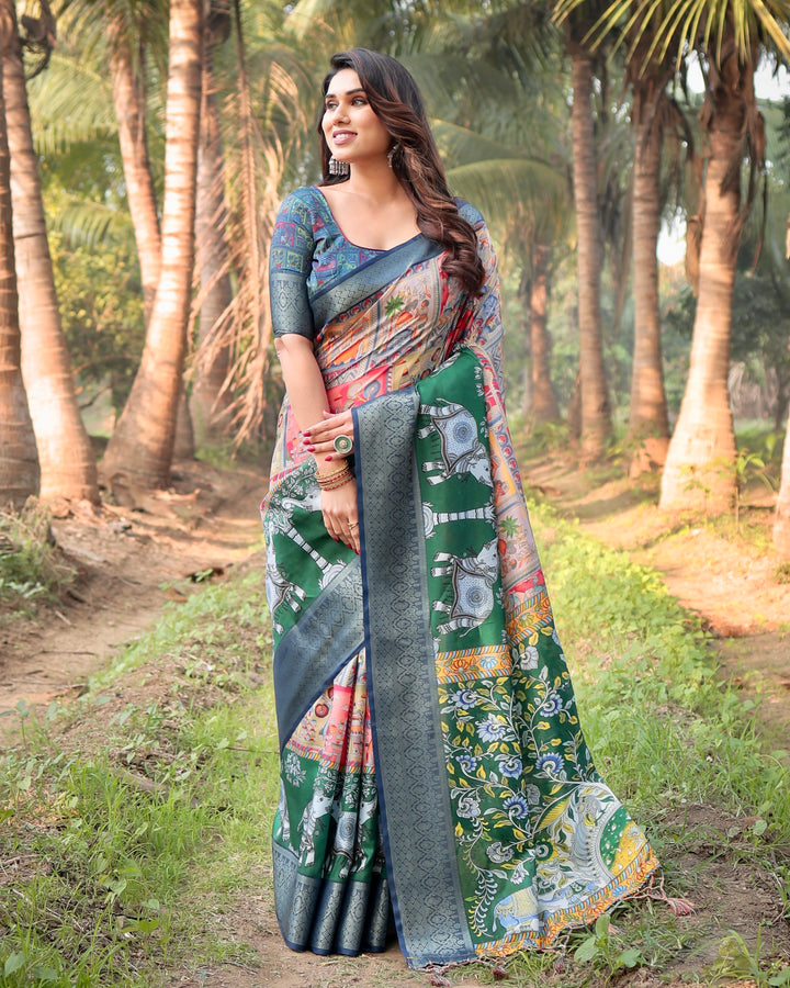 Emerald Green Tussar Silk Saree with Heritage Digital Print, Woven Border, Tassels & Attached Blouse