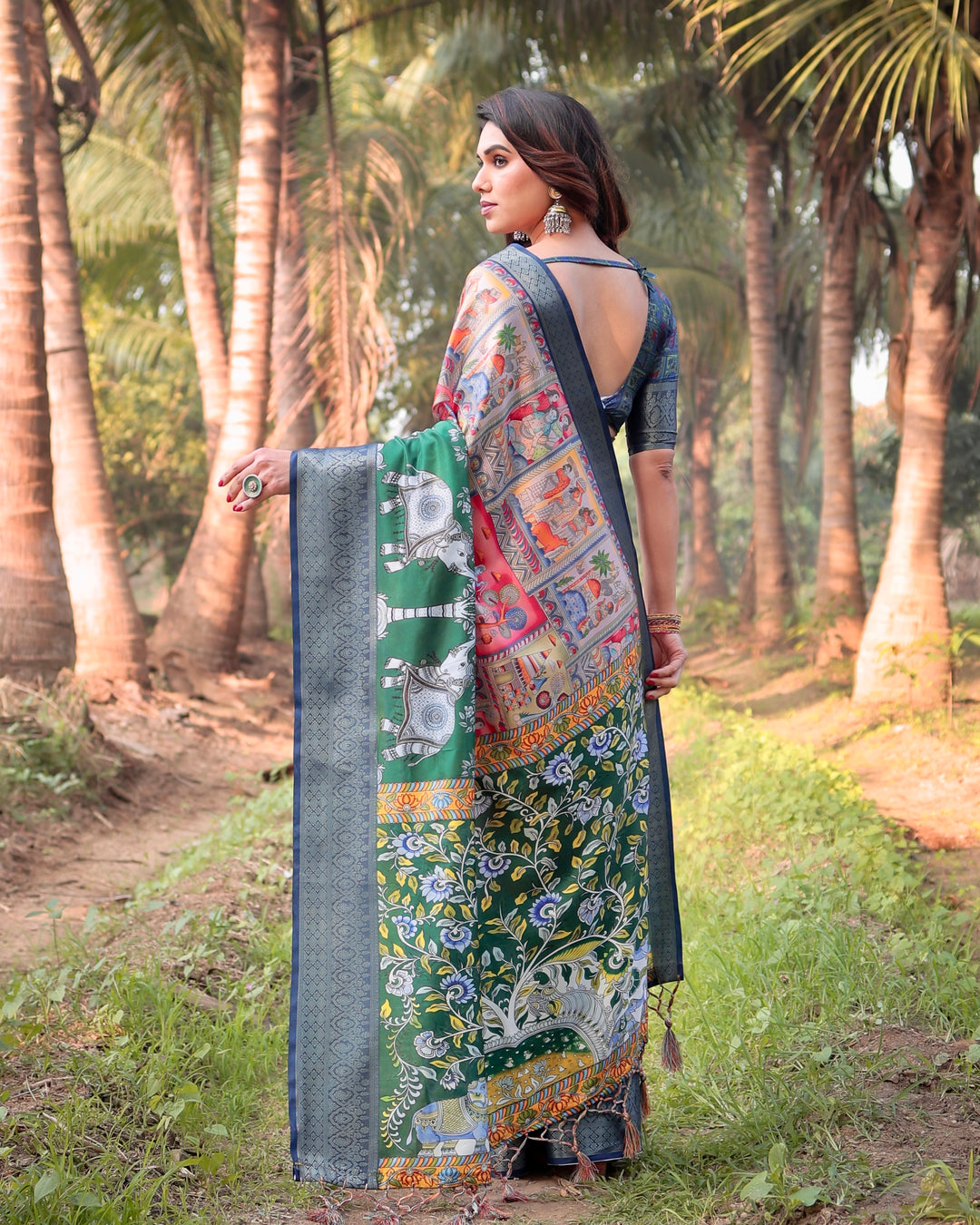 Emerald Green Tussar Silk Saree with Heritage Digital Print, Woven Border, Tassels & Attached Blouse