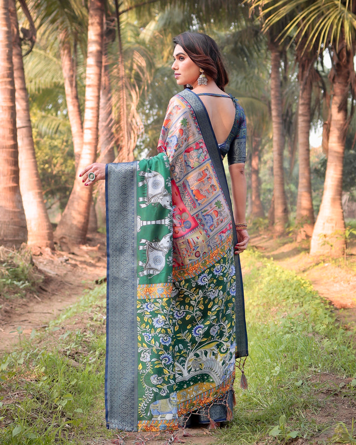 Emerald Green Tussar Silk Saree with Heritage Digital Print, Woven Border, Tassels & Attached Blouse