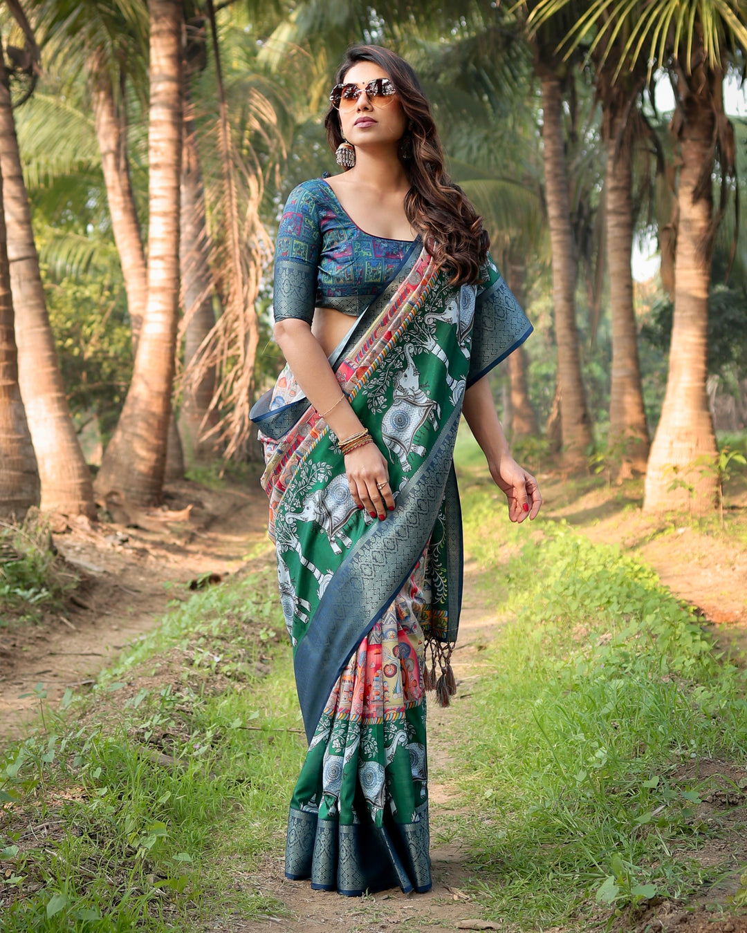 Emerald Green Tussar Silk Saree with Heritage Digital Print, Woven Border, Tassels & Attached Blouse