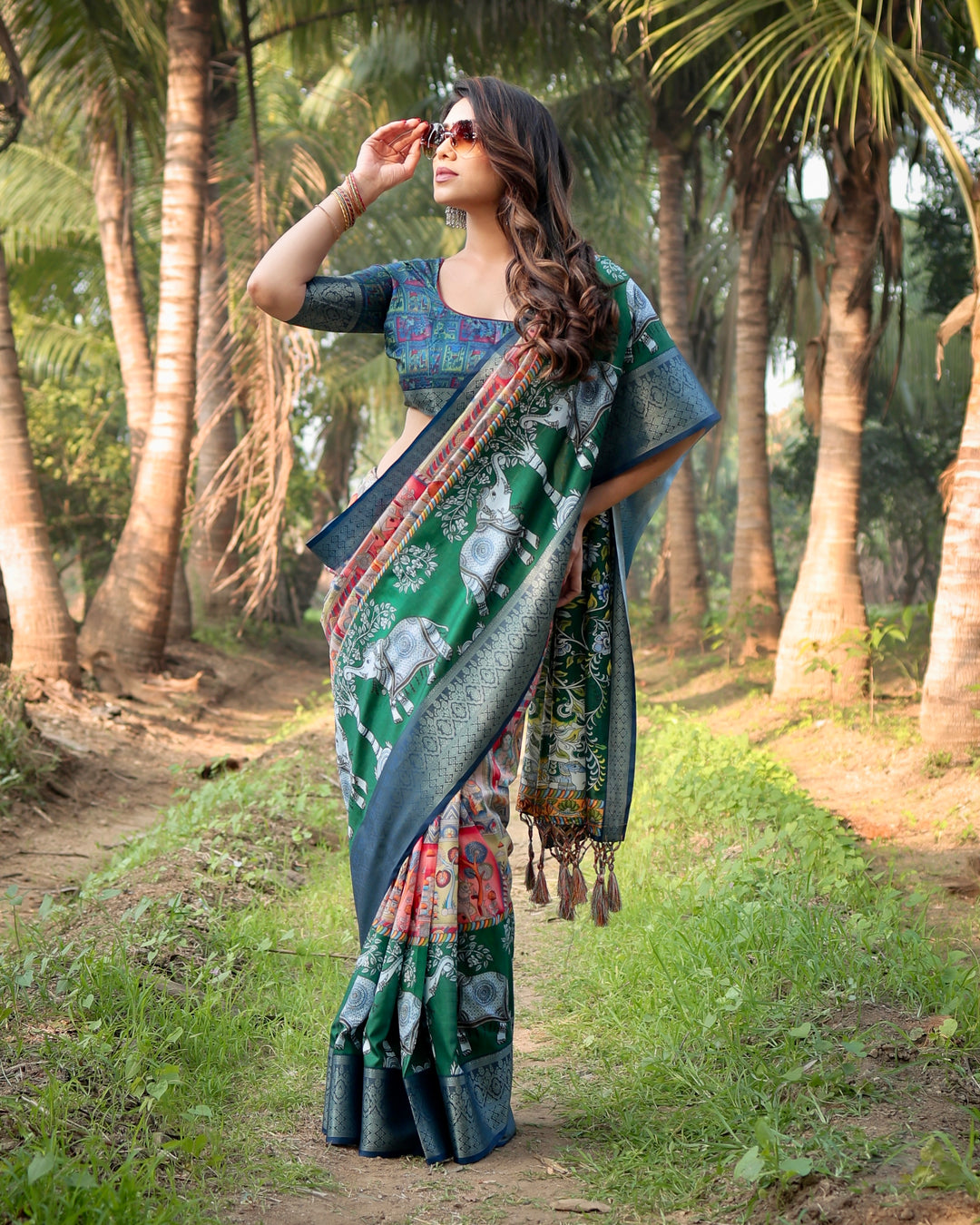 Emerald Green Tussar Silk Saree with Heritage Digital Print, Woven Border, Tassels & Attached Blouse