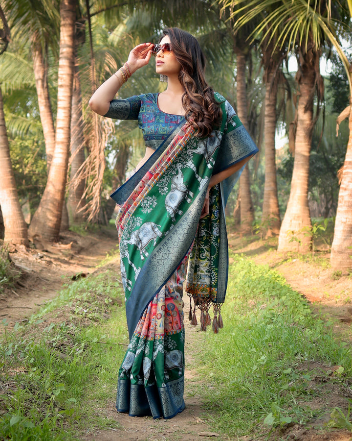 Emerald Green Tussar Silk Saree with Heritage Digital Print, Woven Border, Tassels & Attached Blouse
