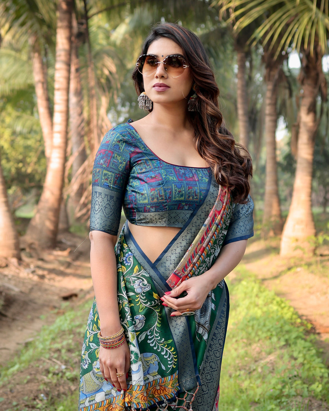 Emerald Green Tussar Silk Saree with Heritage Digital Print, Woven Border, Tassels & Attached Blouse