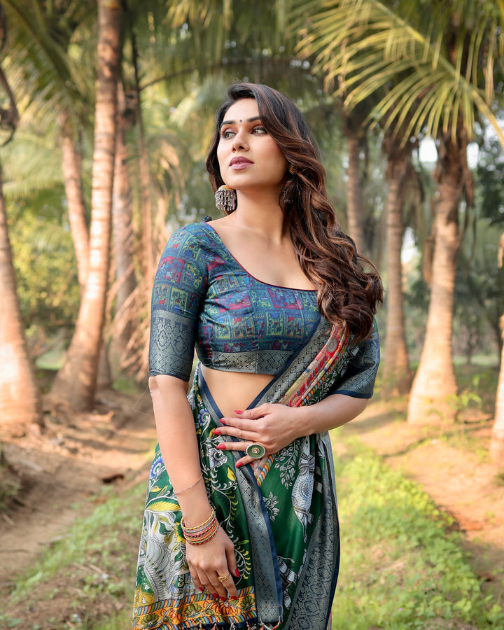 Emerald Green Tussar Silk Saree with Heritage Digital Print, Woven Border, Tassels & Attached Blouse